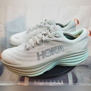 HOKA Womens Bondi 8 Running Workout Shoes White, Green, Gray, Silver SIZE 10.5